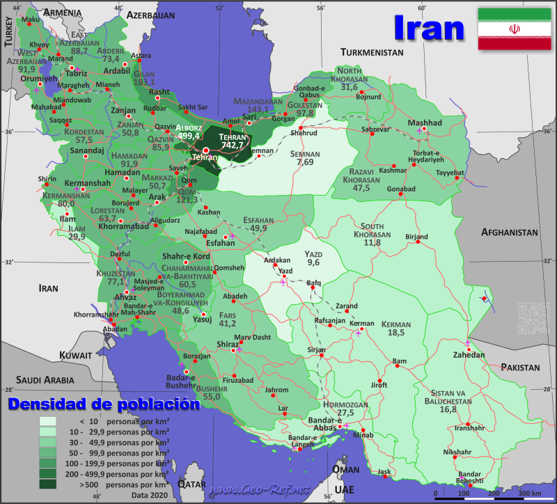 Mapa Irán División administrativa - Densidad de población 2020