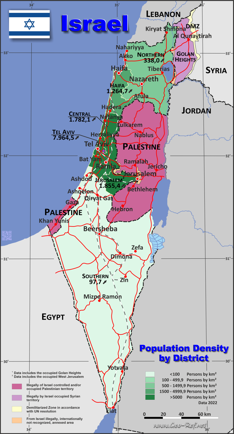 Karte Israel - Verwaltungsstruktur - Bevölkerungsdichte 2020