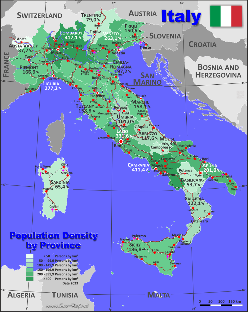 Mapa Italia División administrativa - Densidad de población 2023