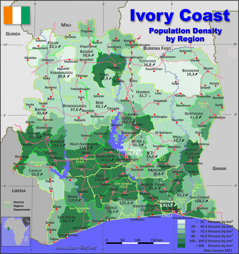 Mapa Costa de Marfil División administrativa - Densidad de población 2014