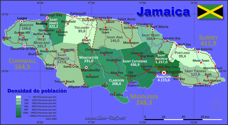 Mapa Jamaica División administrativa - Densidad de población 2020