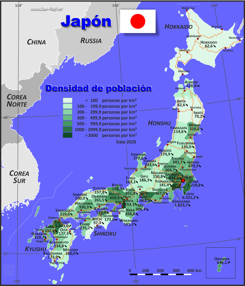 Mapa Japón División administrativa - Densidad de población 2020