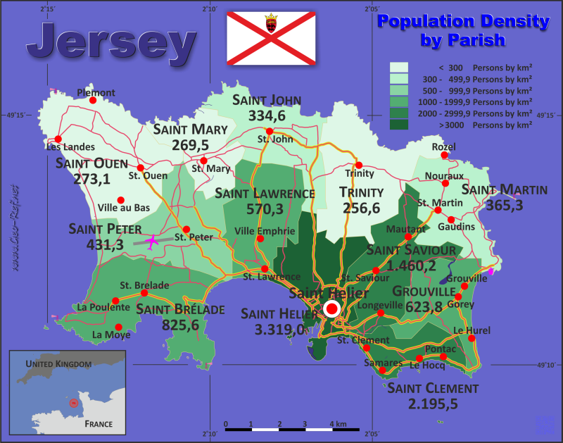 Karte Jersey - Verwaltungsstruktur - Bevölkerungsdichte 2021