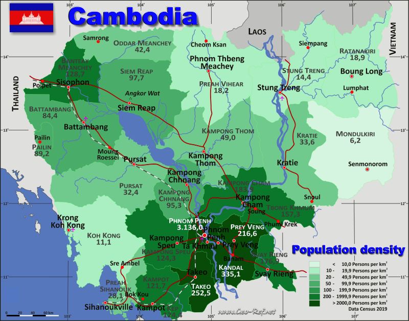Karte Kambodscha - Verwaltungsstruktur - Bevölkerungsdichte 2019