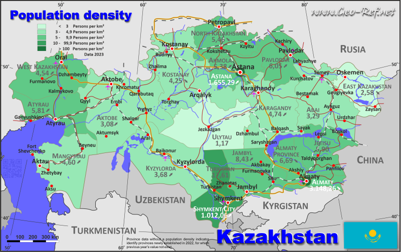 Karte Kasachstan - Verwaltungsstruktur - Bevölkerungsdichte 2023