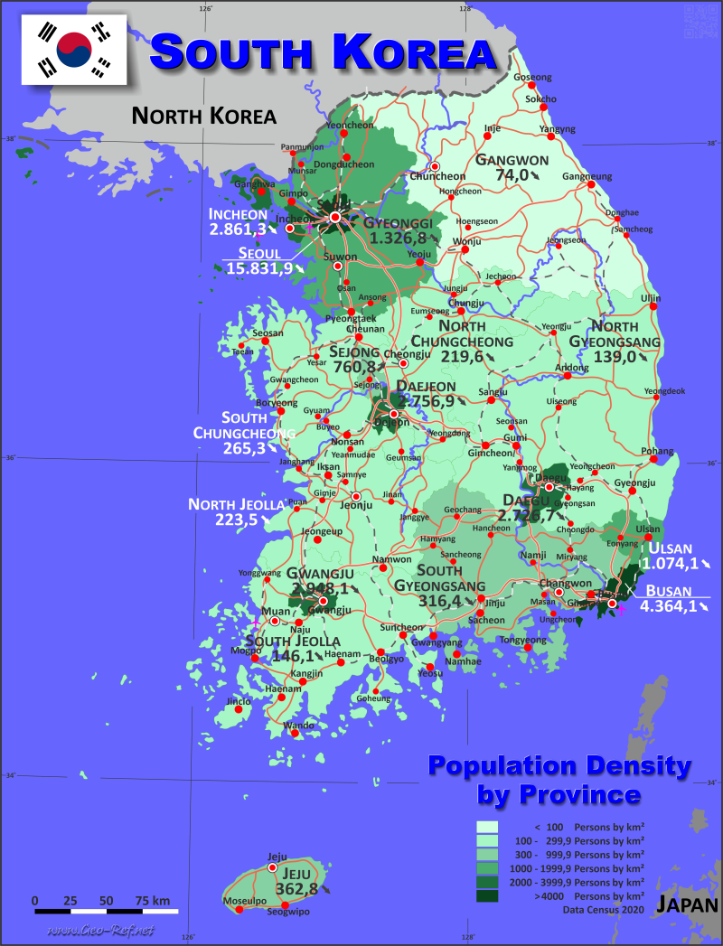 Mapa Corea del Sur División administrativa - Densidad de población 2020