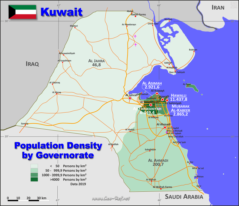 Map Kuwait - Administrative division - Population density 2019