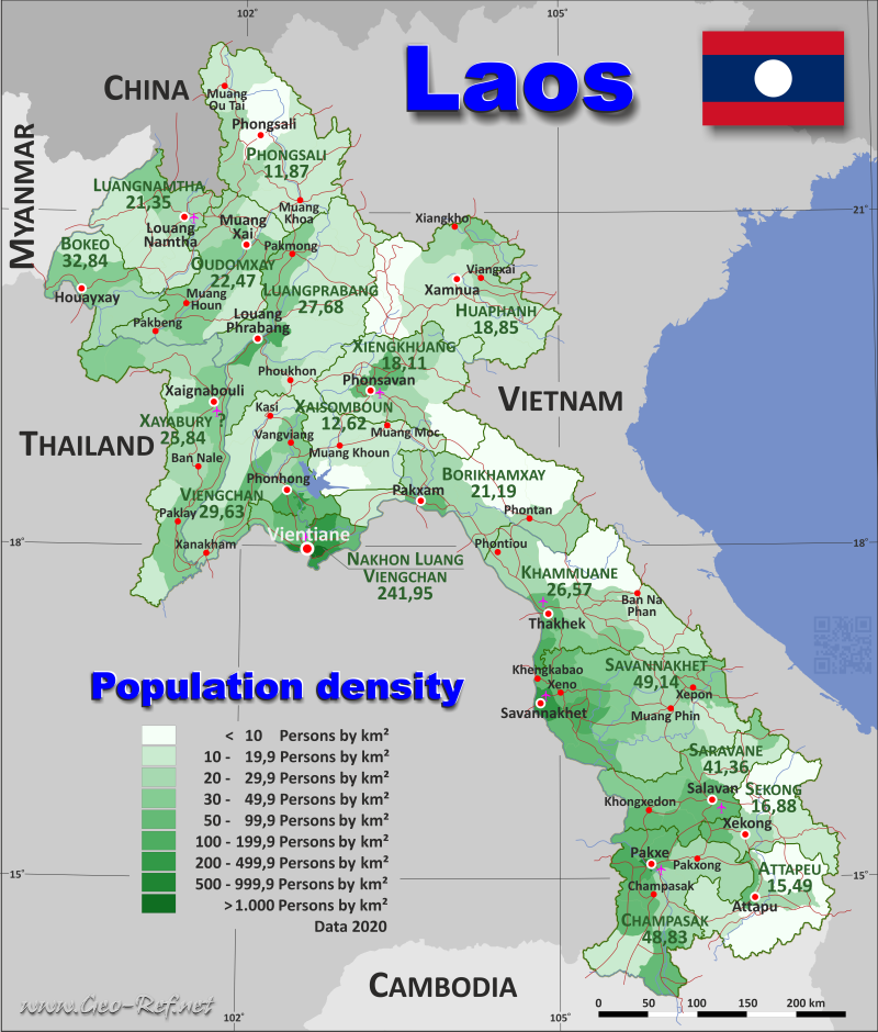 Karte Laos - Verwaltungsstruktur - Bevölkerungsdichte 2020