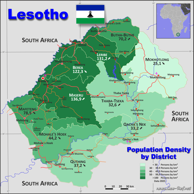 Mapa Lesotho División administrativa - Densidad de población 2023