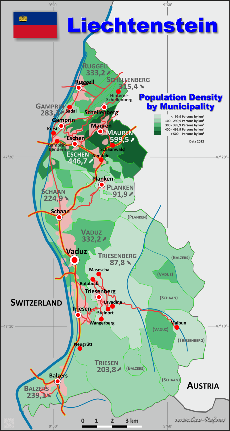 Karte Liechtenstein - Verwaltungsstruktur - Bevölkerungsdichte 2022