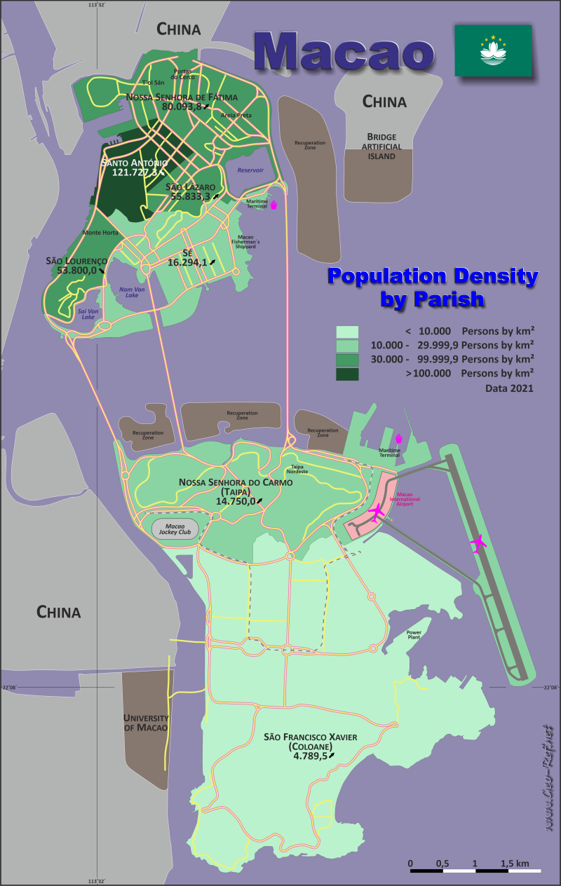 Mapa Macao División administrativa - Densidad de población 2021