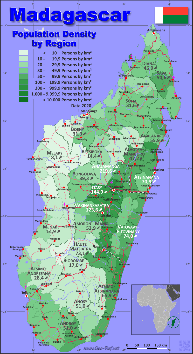 Karte Madagaskar - Verwaltungsstruktur - Bevölkerungsdichte 2020