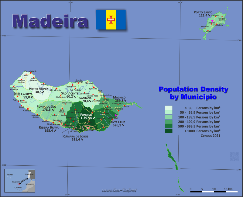 Mapa Madeira División administrativa - Densidad de población 2021