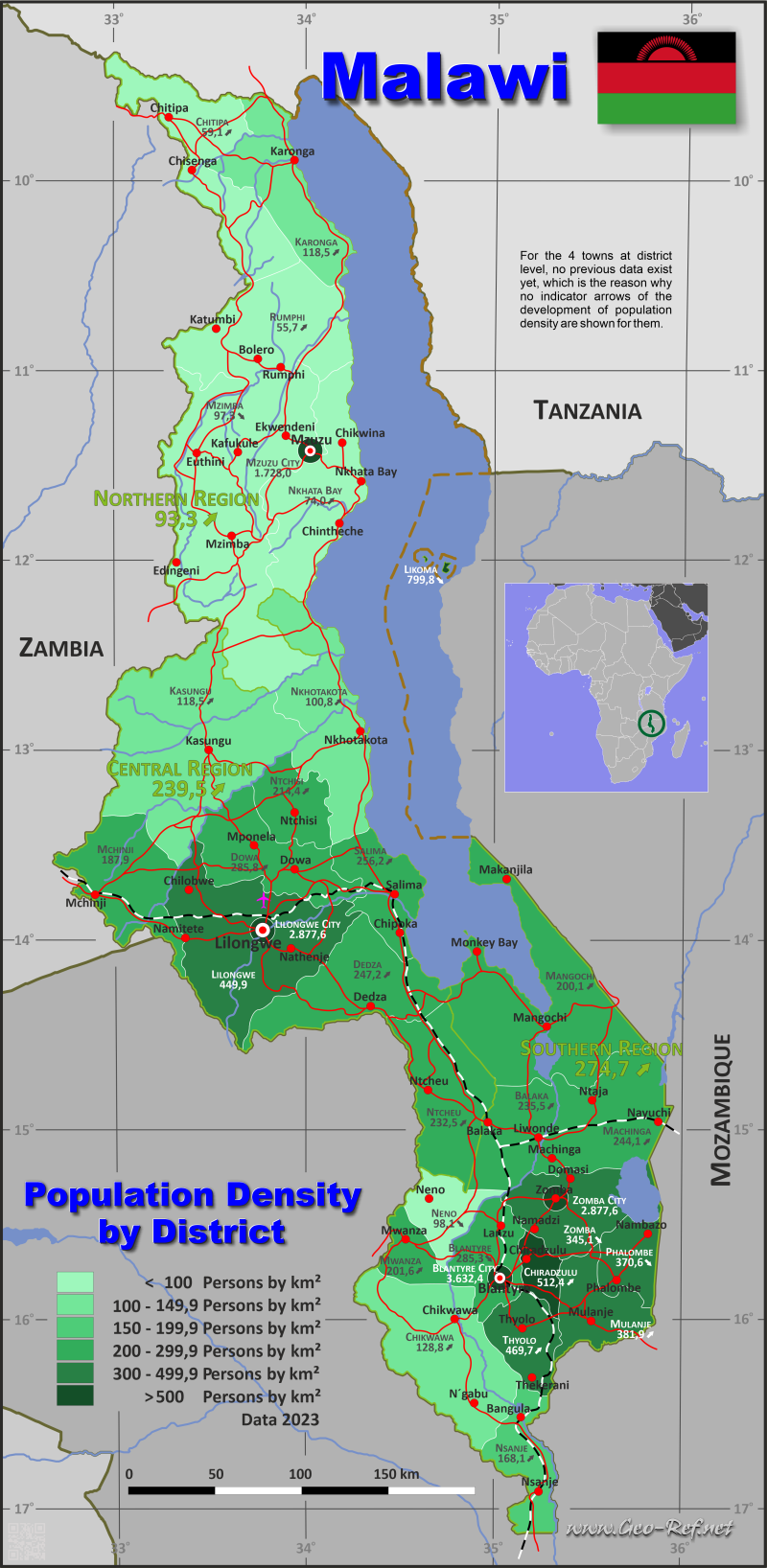 Mapa Malaui División administrativa - Densidad de población 2020