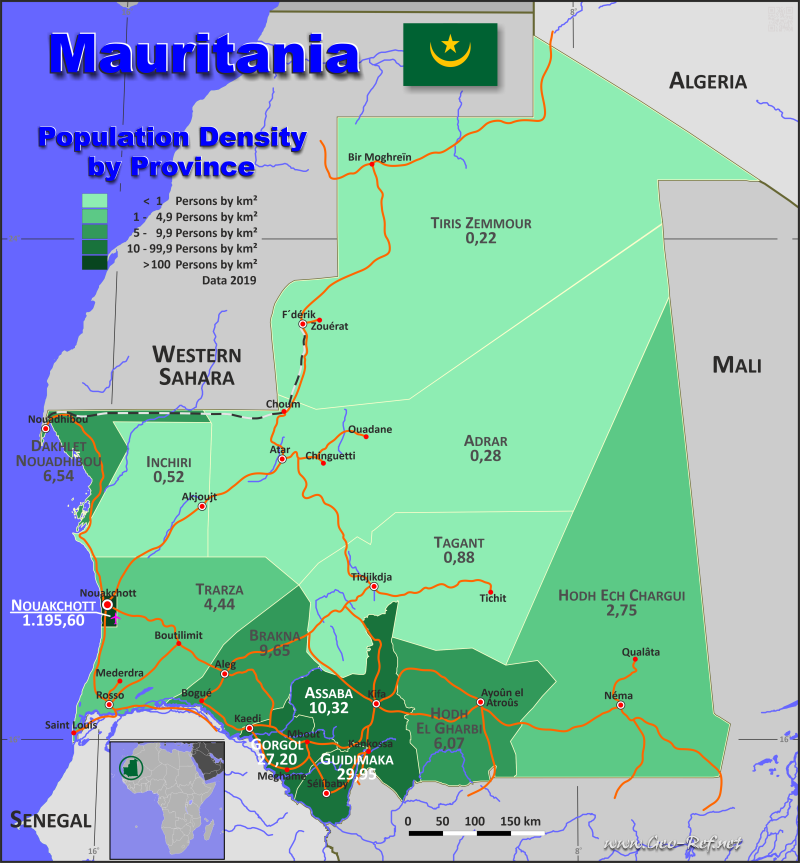 Mapa Mauritania División administrativa - Densidad de población 2019