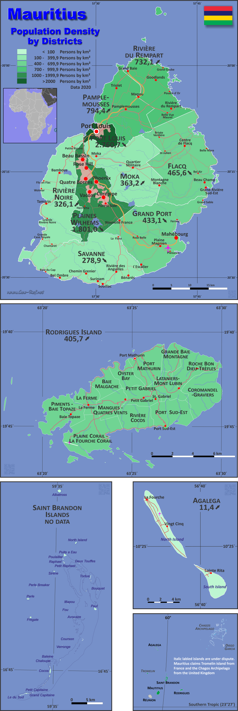 Mapa Isla Mauricio División administrativa - Densidad de población 2021