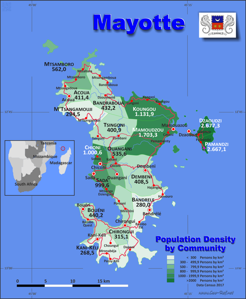 Mapa Mayotte División administrativa - Densidad de población 2017