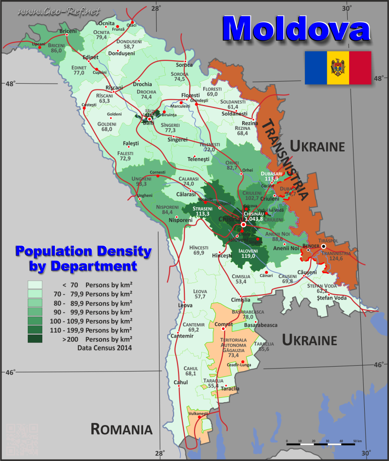 Mapa Moldava División administrativa - Densidad de población 2014