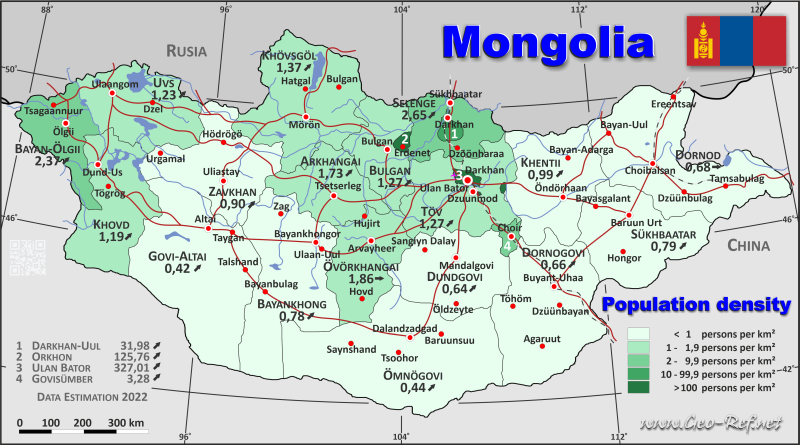 Karte Mongolei - Verwaltungsstruktur - Bevölkerungsdichte 2022