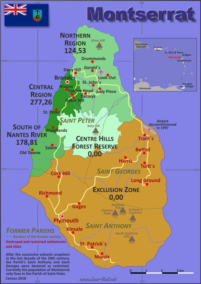 Mapa Montserrat División administrativa - Densidad de población 2018