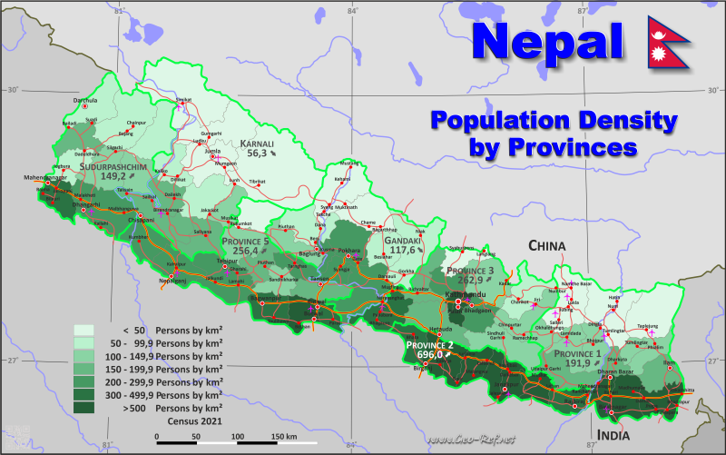 Karte Nepal - Verwaltungsstruktur - Bevölkerungsdichte 2016