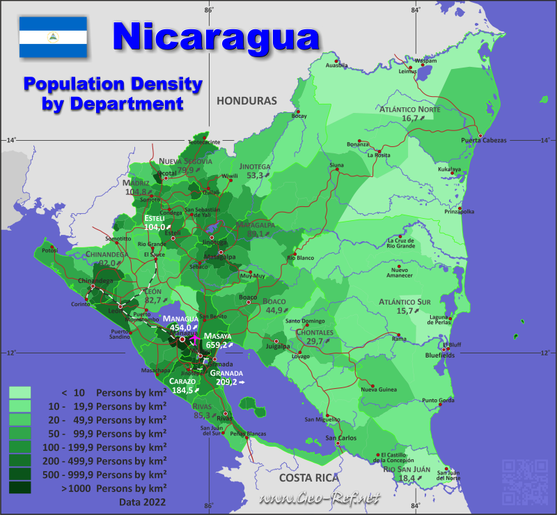 Mapa Nicaragua División administrativa - Densidad de población 2021