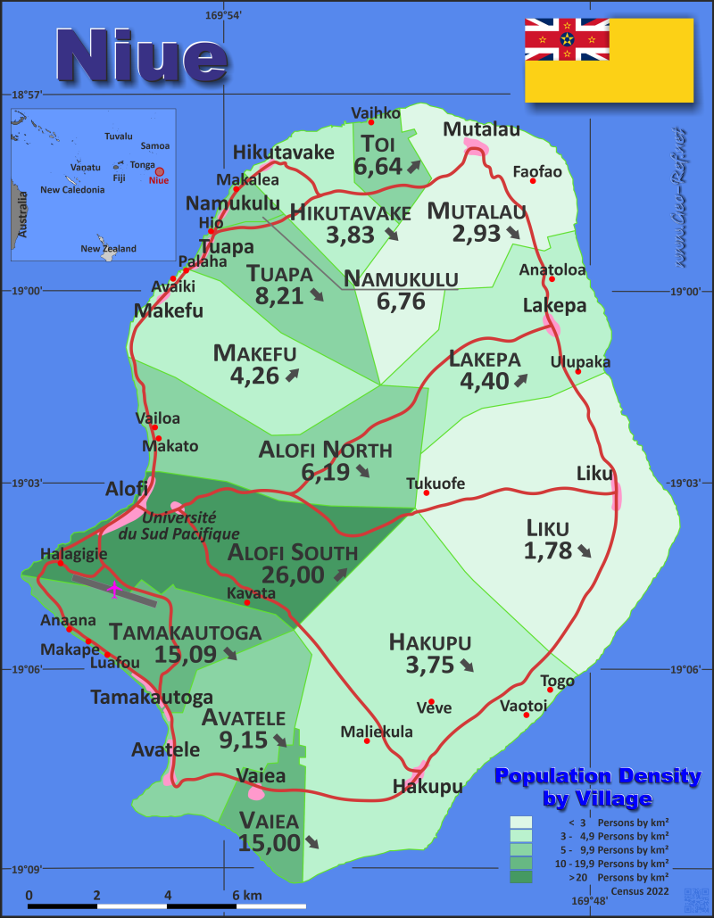 Mapa Niue División administrativa - Densidad de población 2017