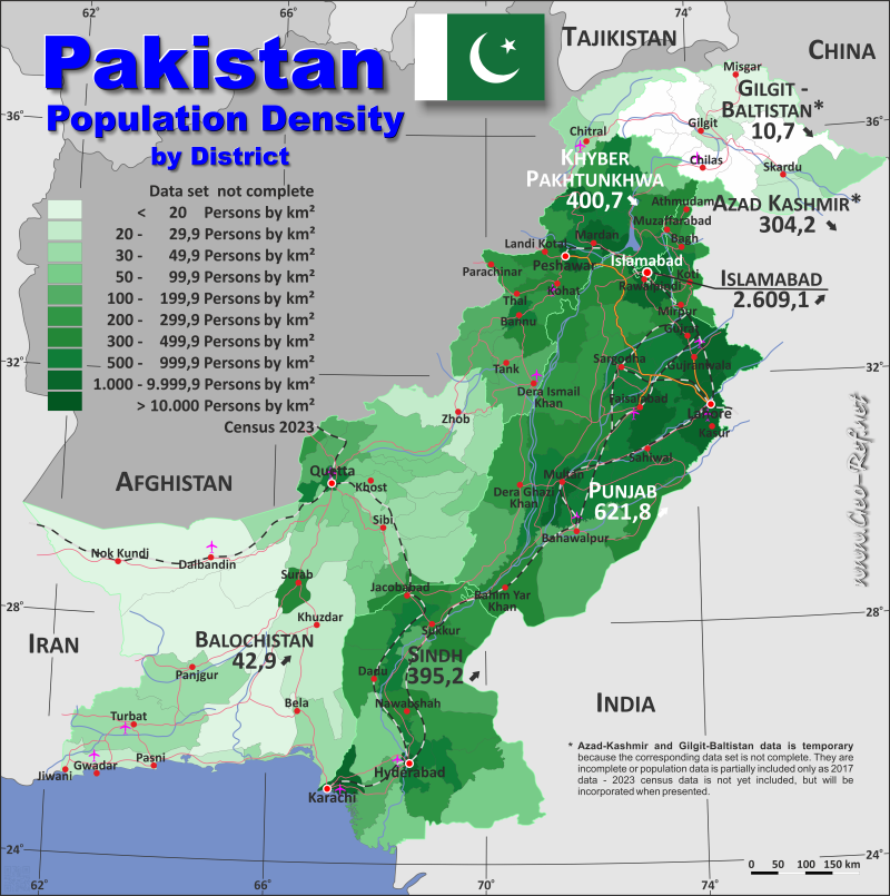 Mapa Paquistán División administrativa - Densidad de población 2017