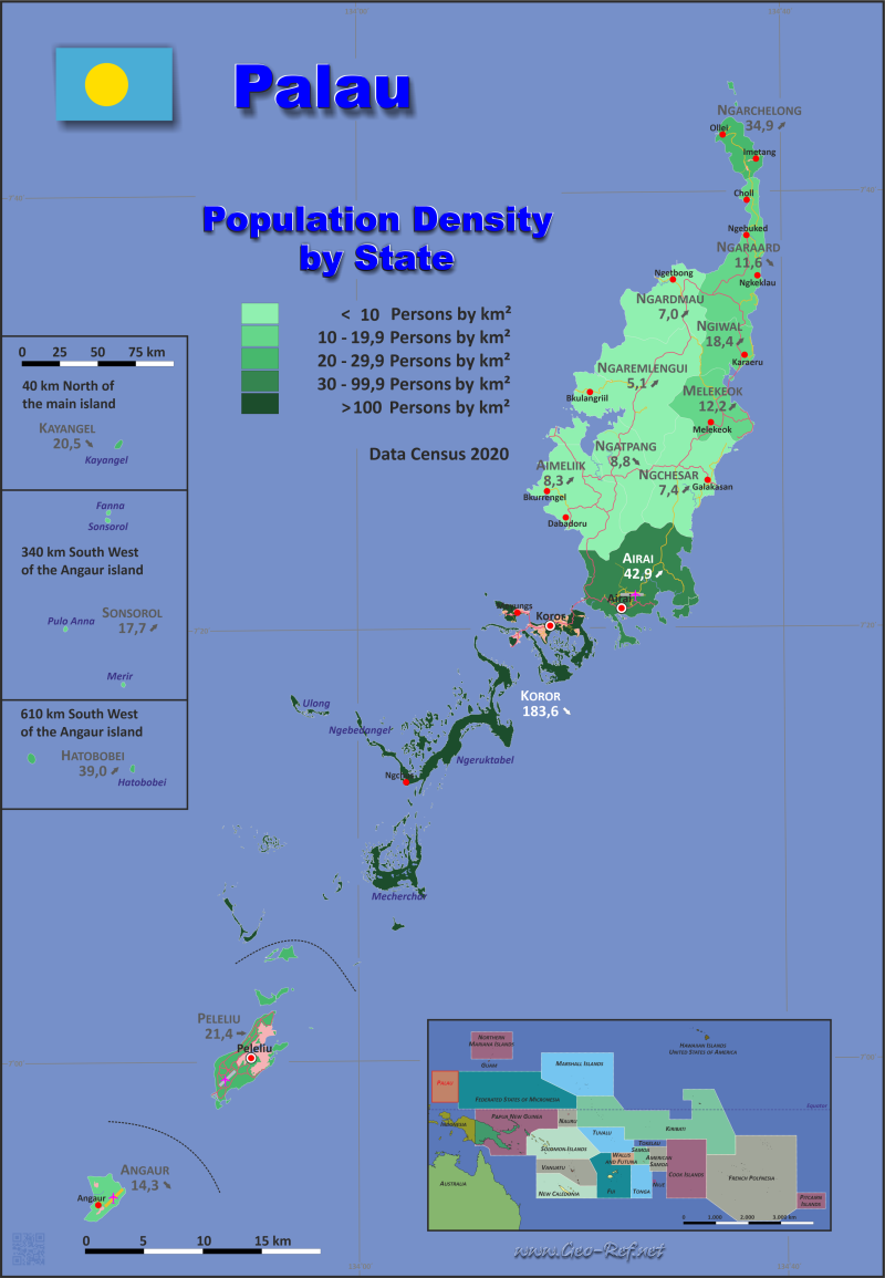 Mapa Palaos División administrativa - Densidad de población 2015