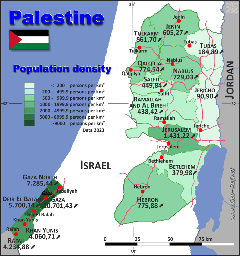 Mapa Palestina División administrativa - Densidad de población 2020
