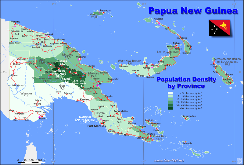 Mapa Papúa Nueva Guinea División administrativa - Densidad de población 2020