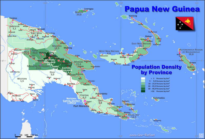 Papua Neuguinea Karte Bevölkerungsdichte und Verwaltungsgliederung