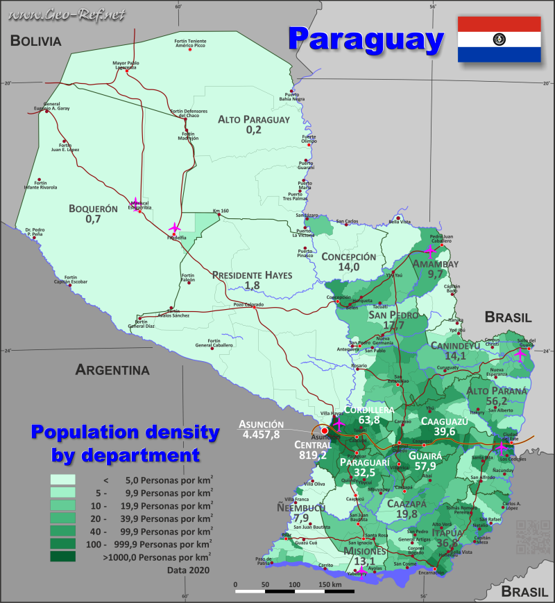 Mapa Paraguay División administrativa - Densidad de población 2020