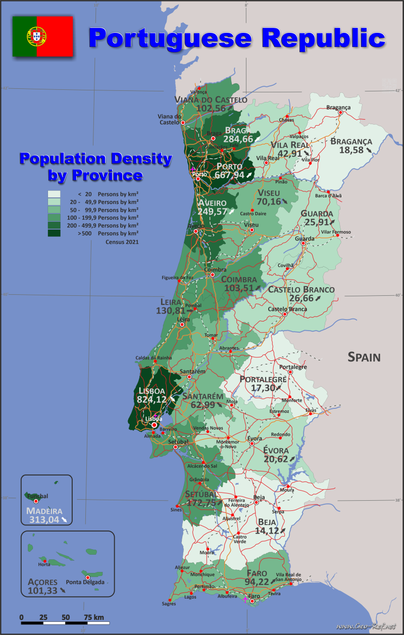 Mapa Portugal División administrativa - Densidad de población 2021