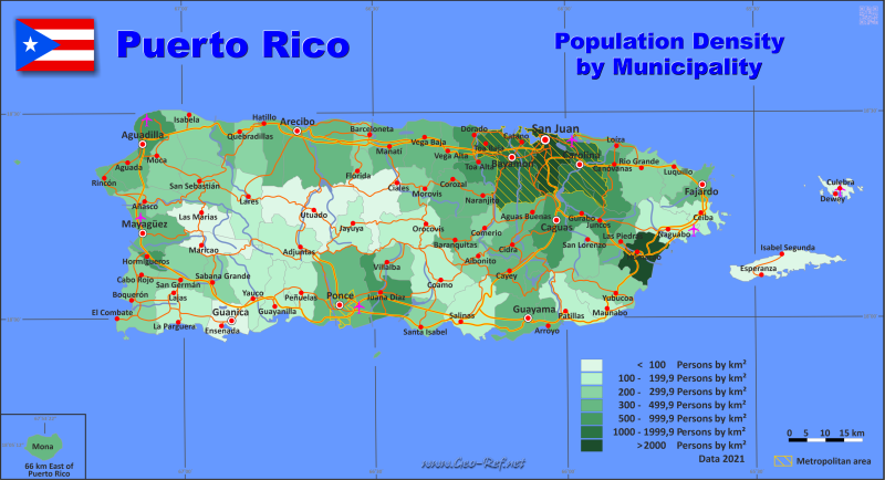 Karte Puerto Rico - Verwaltungsstruktur - Bevölkerungsdichte 2021