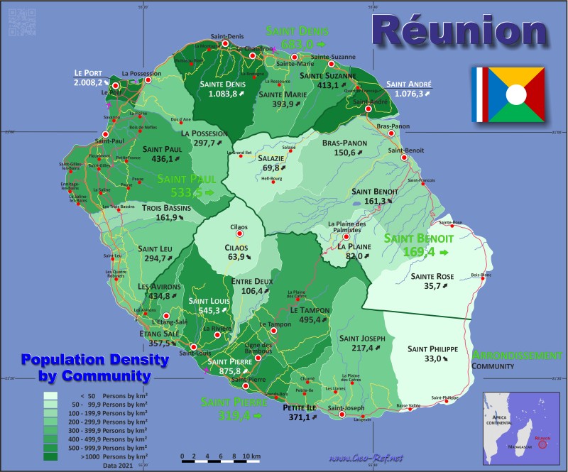 Mapa Reunión División administrativa - Densidad de población 2018