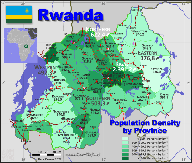 Mapa Ruanda División administrativa - Densidad de población 2020