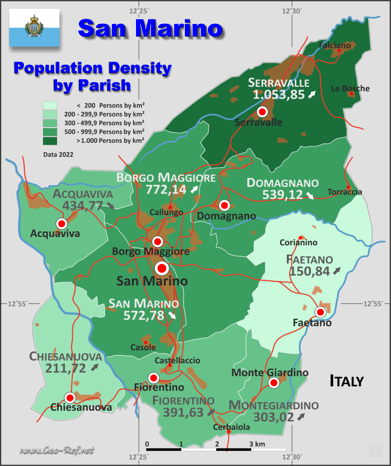 Mapa San Marino División administrativa - Densidad de población 2022