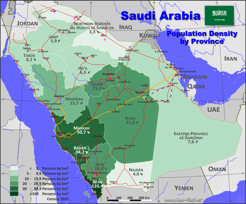 Mapa Arabia Saudita División administrativa - Densidad de población 2022