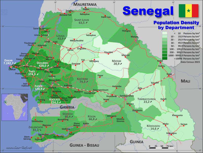 Mapa Senegal División administrativa - Densidad de población 2020
