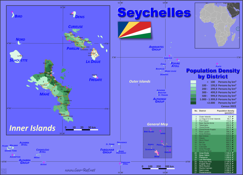 Karte Seychellen - Verwaltungsstruktur - Bevölkerungsdichte 2021