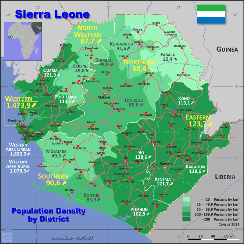 Map Sierra Leone - Administrative division - Population density 2016