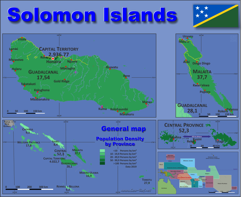 Mapa Islas Salomon División administrativa - Densidad de población 2019