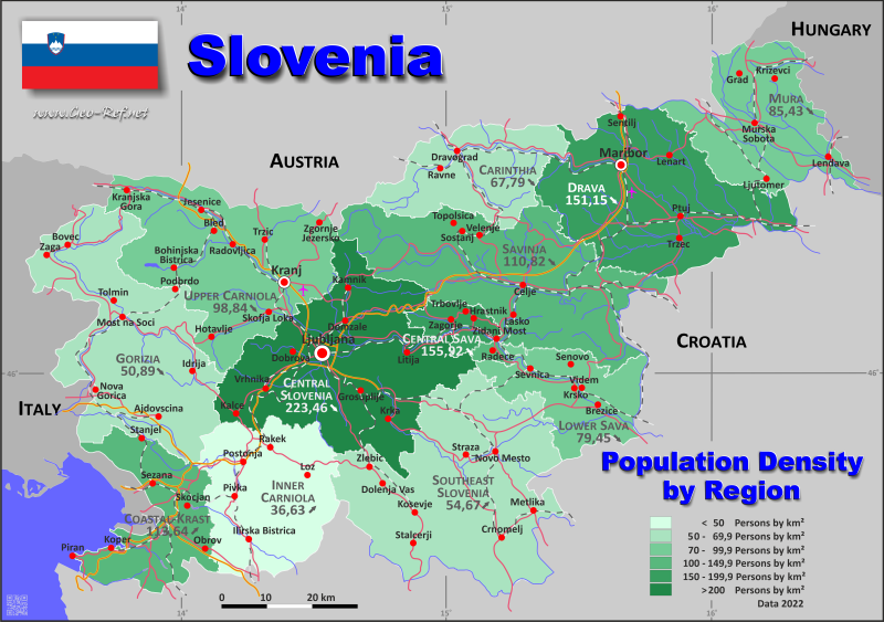 Karte Slovenien - Verwaltungsstruktur - Bevölkerungsdichte 2020