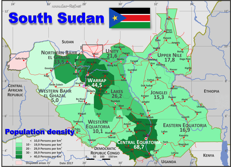 Mapa Sudán del Sur División administrativa - Densidad de población 2017