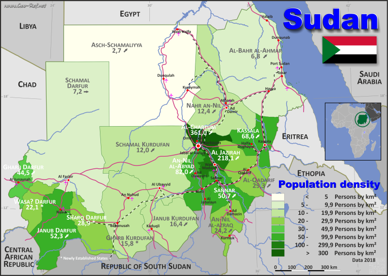 Mapa Sudán División administrativa - Densidad de población 2017