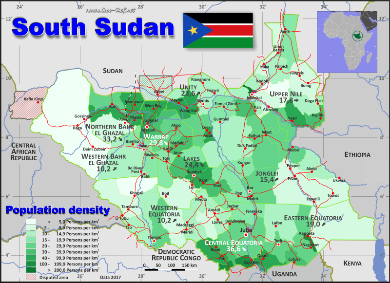 Karte Südsudan - Verwaltungsstruktur - Bevölkerungsdichte 2017