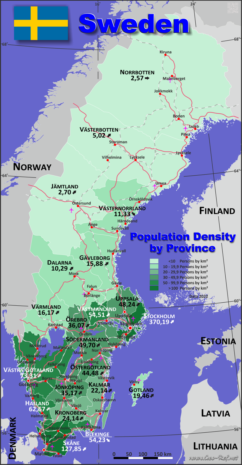 Mapa Suecia División administrativa - Densidad de población 2022