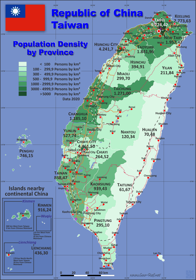 Mapa Taiwan División administrativa - Densidad de población 2020