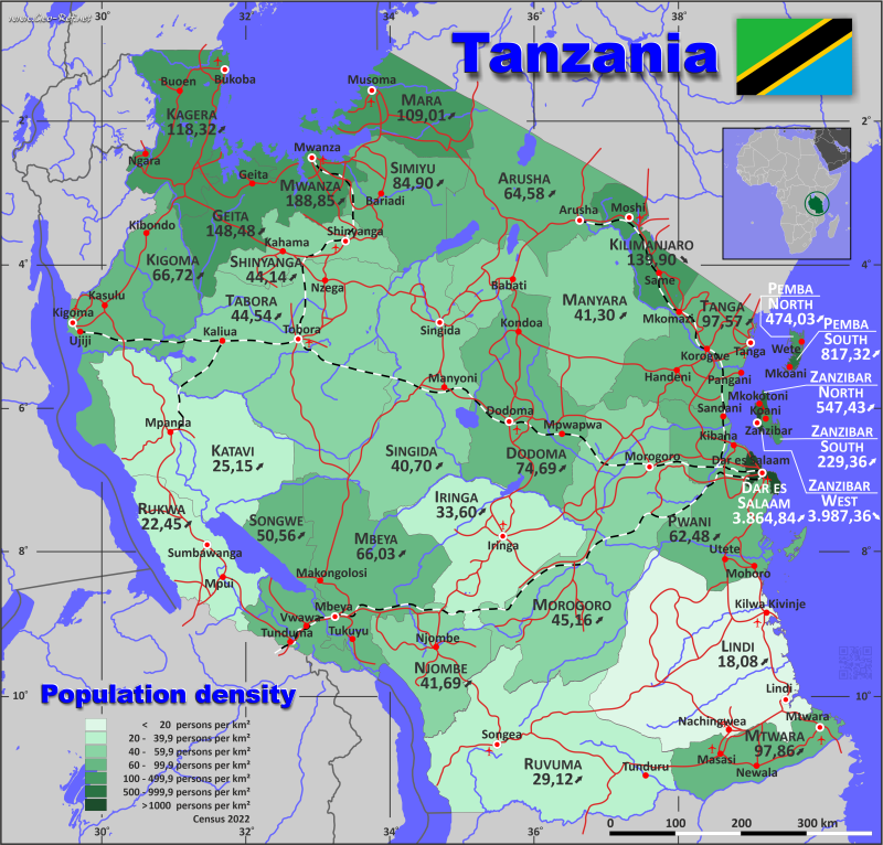 Mapa Tanzania División administrativa - Densidad de población 2019